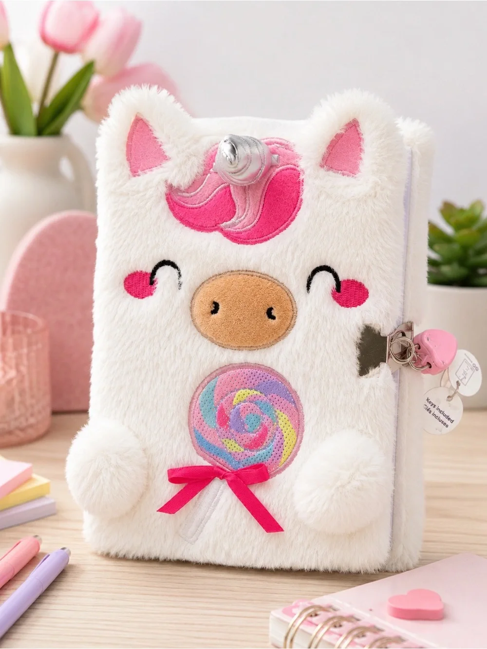 Plush Unicorn Locking Diary Journal with Keys Faux Fur Secret Notebook Pink